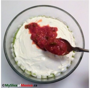 02 Onions decorating wall, cream, then salsa Five layer dip for nachos my slice of mexico