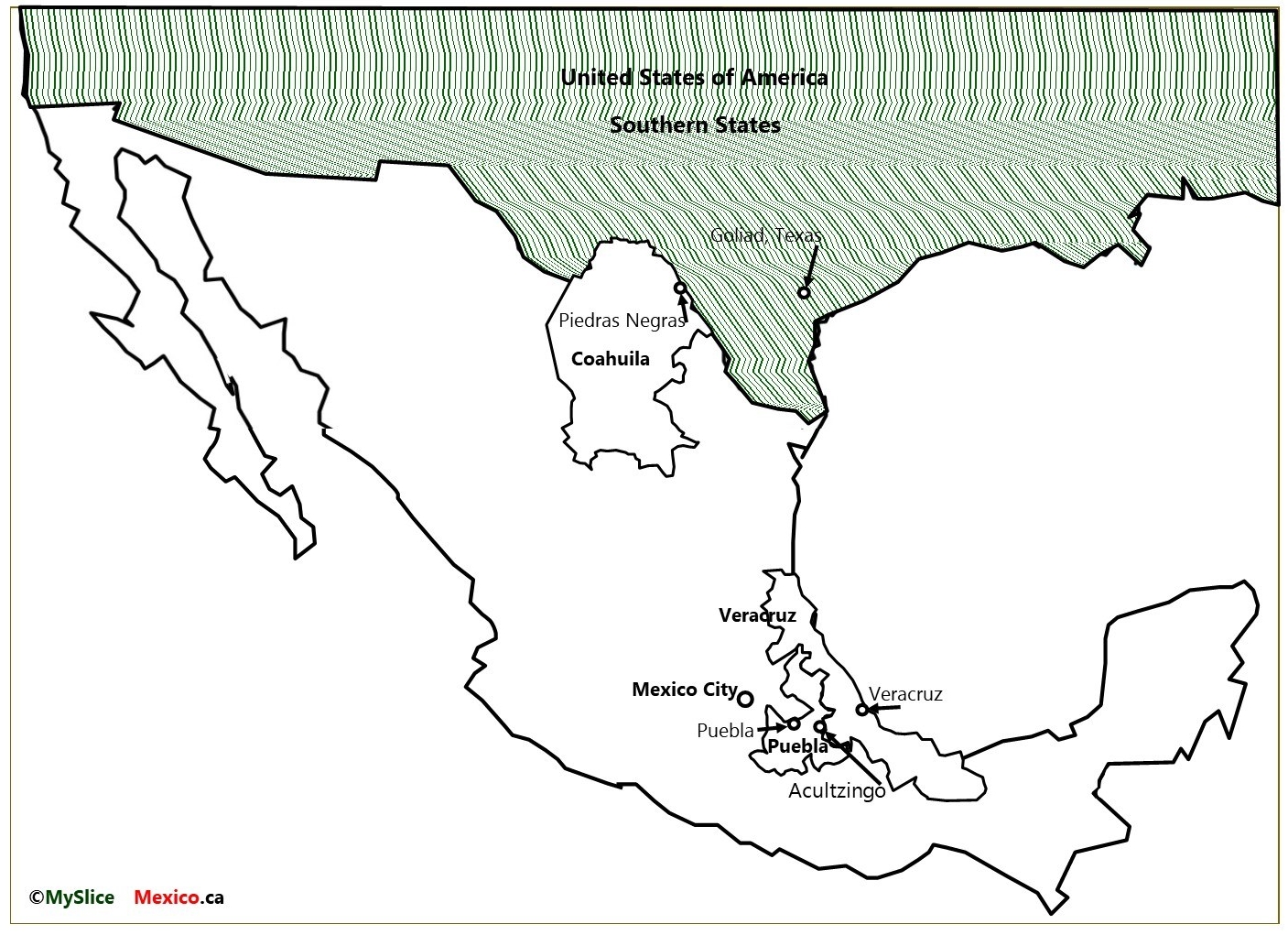 MAP 4 US States, Veracruz, PUEBLA, Coahuila and Mexico City