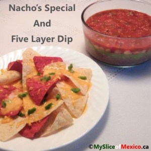 Nachos and layer dip cover my slice of mexico