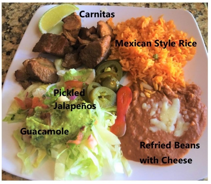 Labelled carnitas platter