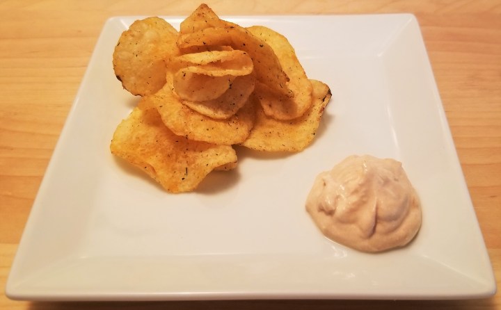010 potato chips and creamy chipotle sauce as a dip