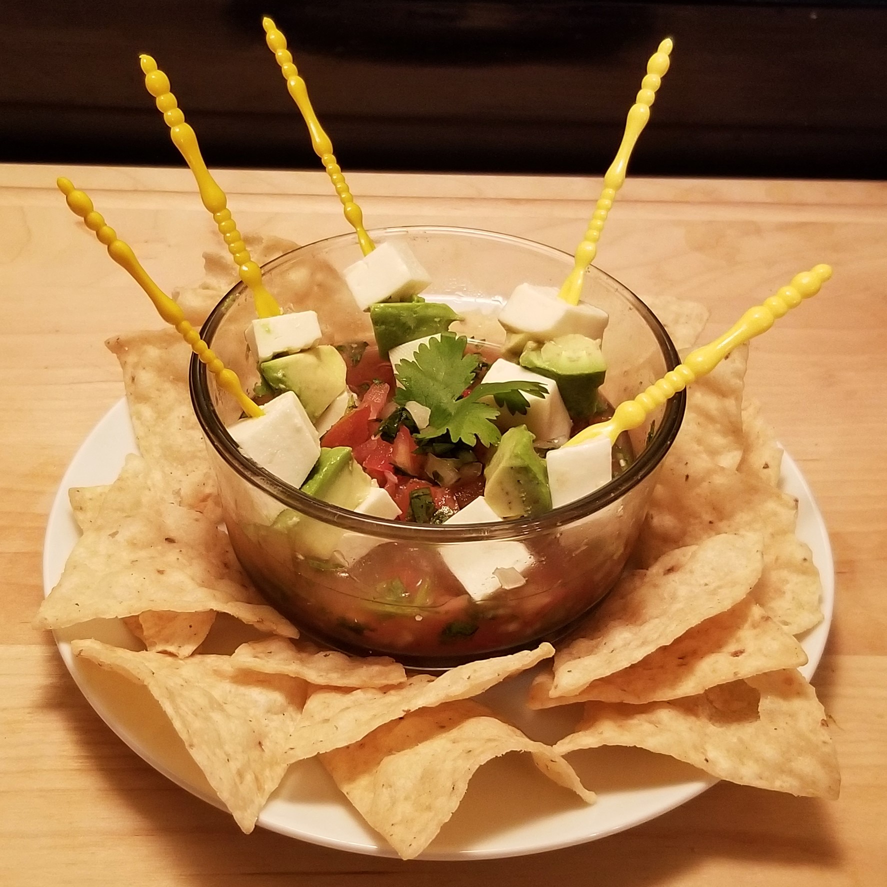 005 bowl with pico de gallo, extra lime juice and cheese and avocado skewers